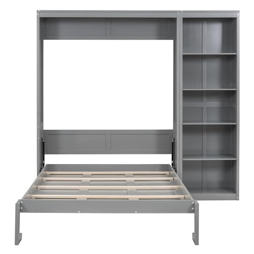 Full Size Murphy Bed with Storage Shelves, Drawers and LED Lights, White T7488