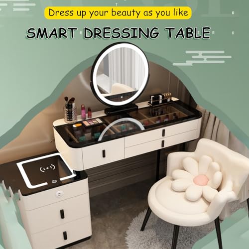 Vanity Mirror with Lights and Desk, Round 3-Colors Lights, with Cushioned Stool, with 2 Drawers and Storage Shelves, Glass Table Top Y830916