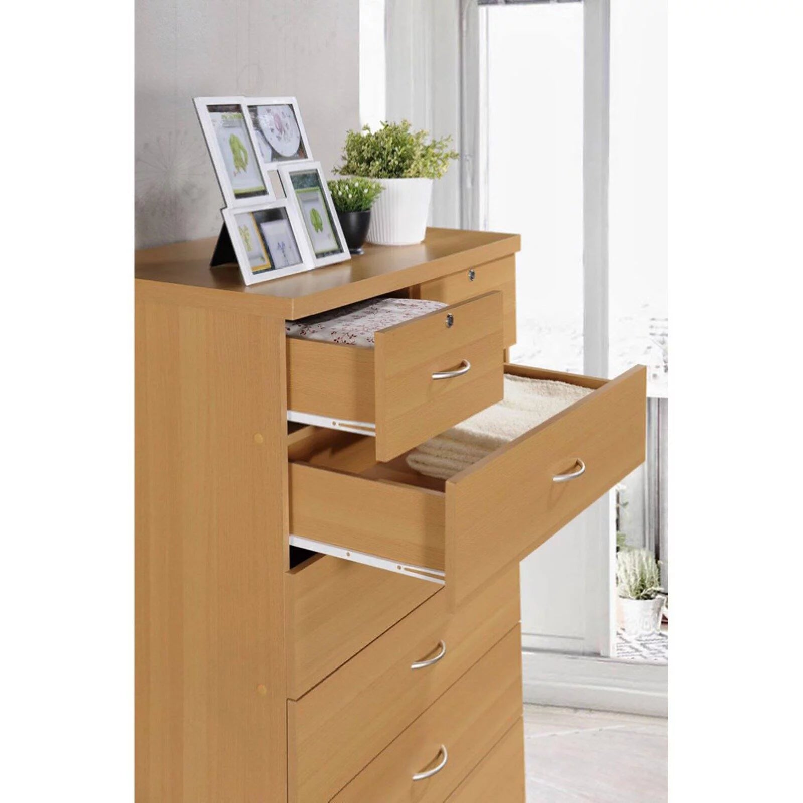 7 Drawer Wooden Dresser Chest with 2 Top Locks, Cherry Q1265