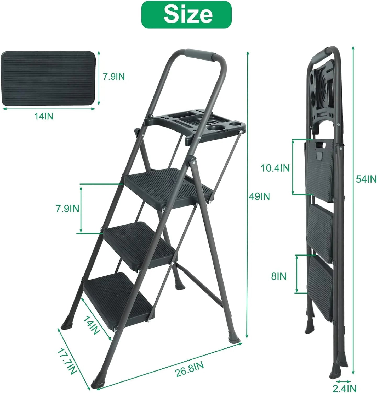 Folding Step Stool with Handrails and Tool Tray Platform, 330lbs B808