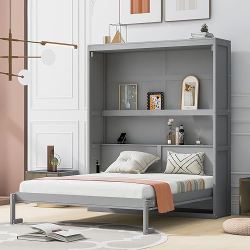 Queen Size Gray Murphy Bed with Storage Shelves O881363
