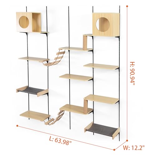 25-Piece Wall-Mounted Cat Climber Set with Cat Shelves, House, Platform, Bridge, Hammock & Scratching Board (Burlywood) H843