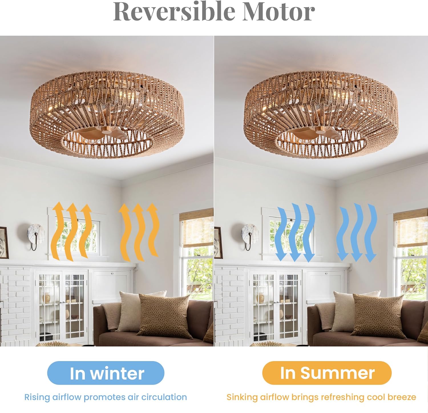 20" Rattan Ceiling Fan with Lights and Remote Control D8909