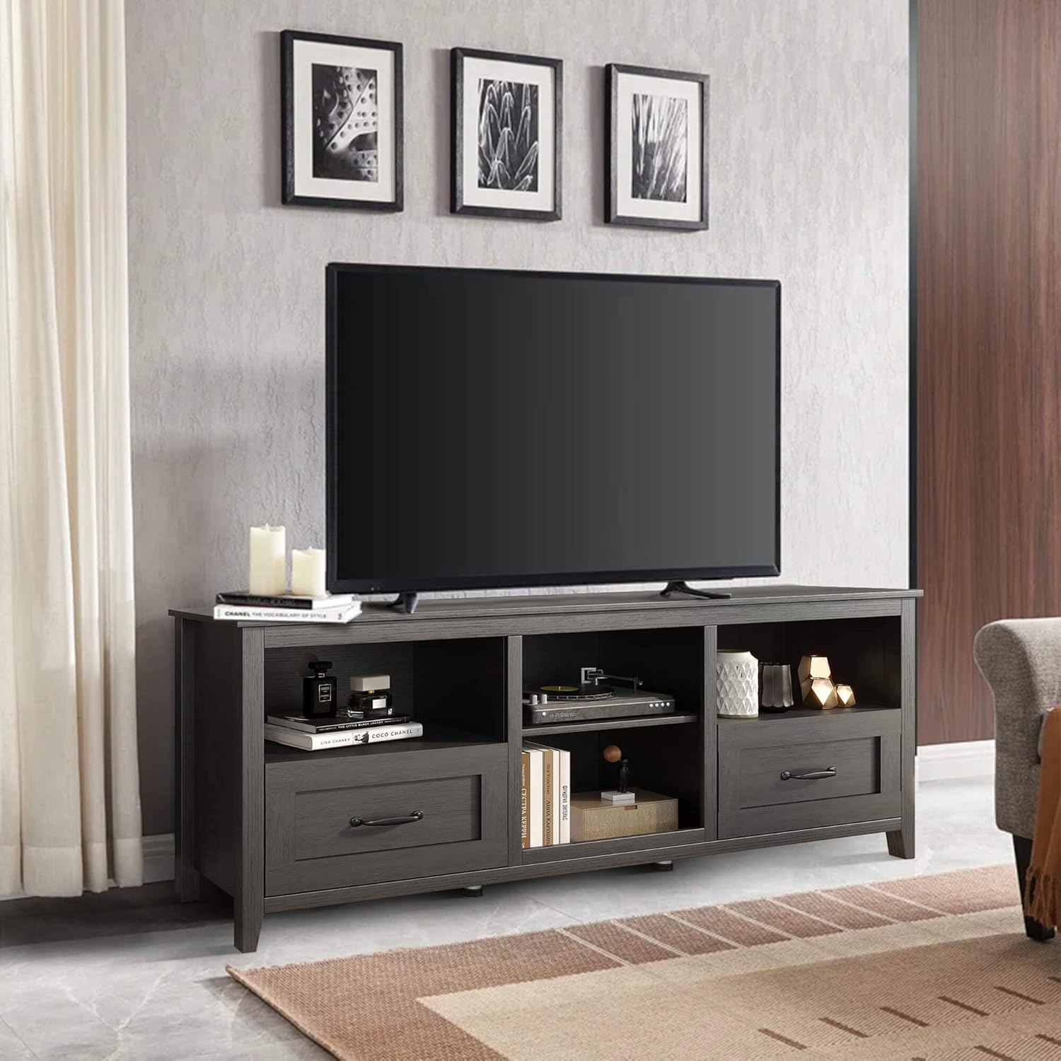 Black 70 inch TV Stand with Drawers Wood Storage Cabinet V7206