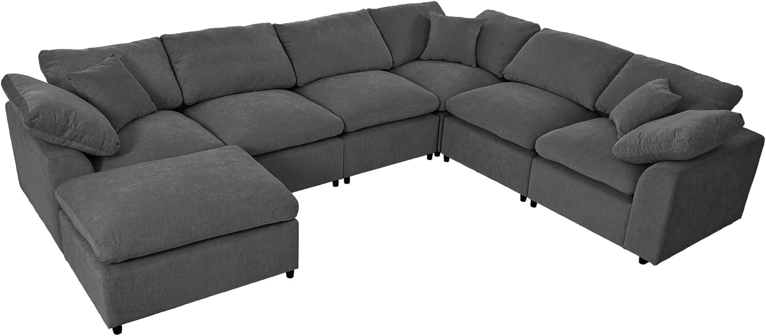 Deep Seat Convertible Modular Sectional Sofa with Movable Ottoman, Oversized Corner Couch with Throw Pillows, 7 Seater Polyester Upholstery Sofa N22971
