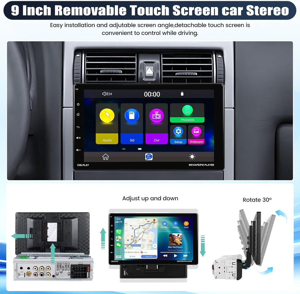 9 Inch Rotatable Touch Screen Single Din Car Stereo with Wireless Apple Carplay Android Auto Bluetooth Backup Camera X787