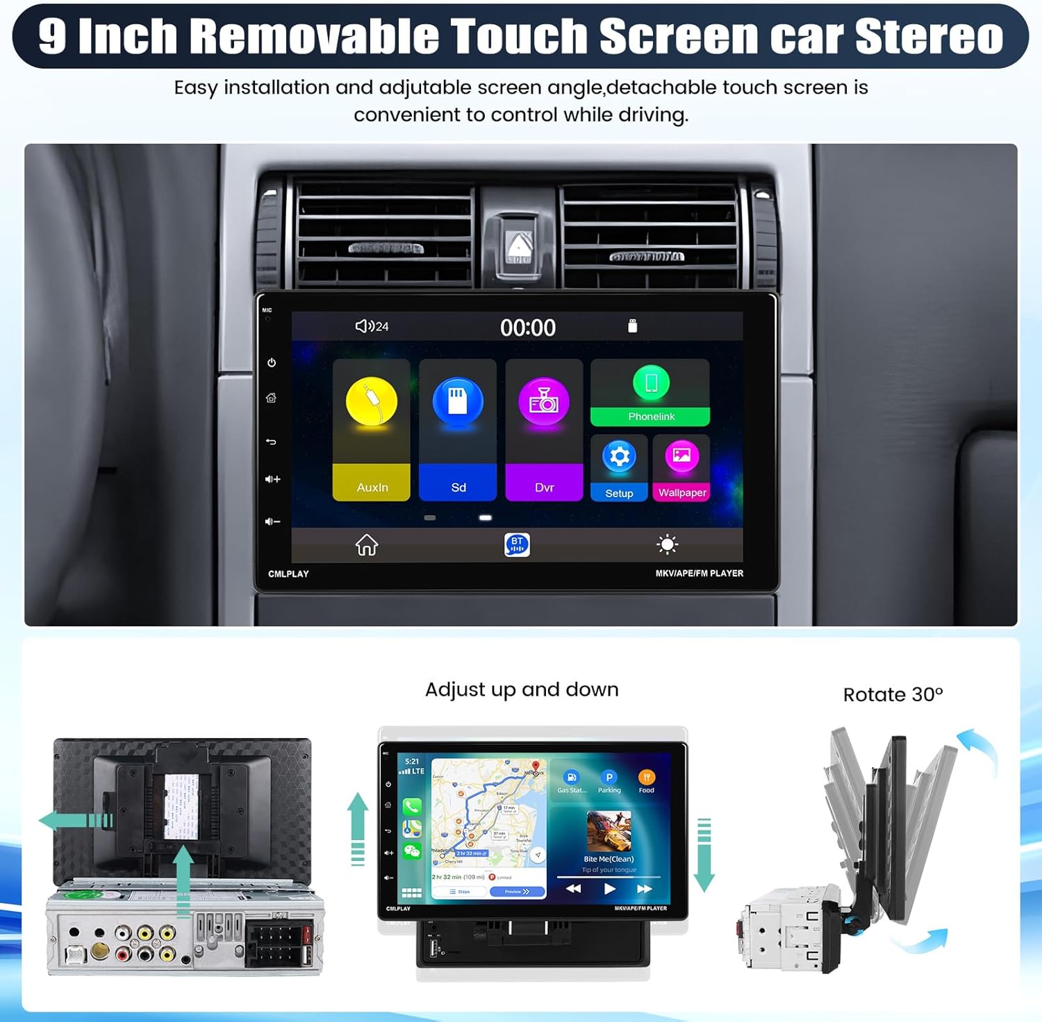 9 Inch Rotatable Touch Screen Single Din Car Stereo with Wireless Apple Carplay Android Auto Bluetooth Backup Camera X787