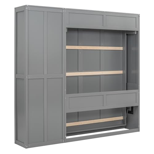 Full Size Murphy Bed with Storage Shelves, Drawers and LED Lights, White T7488