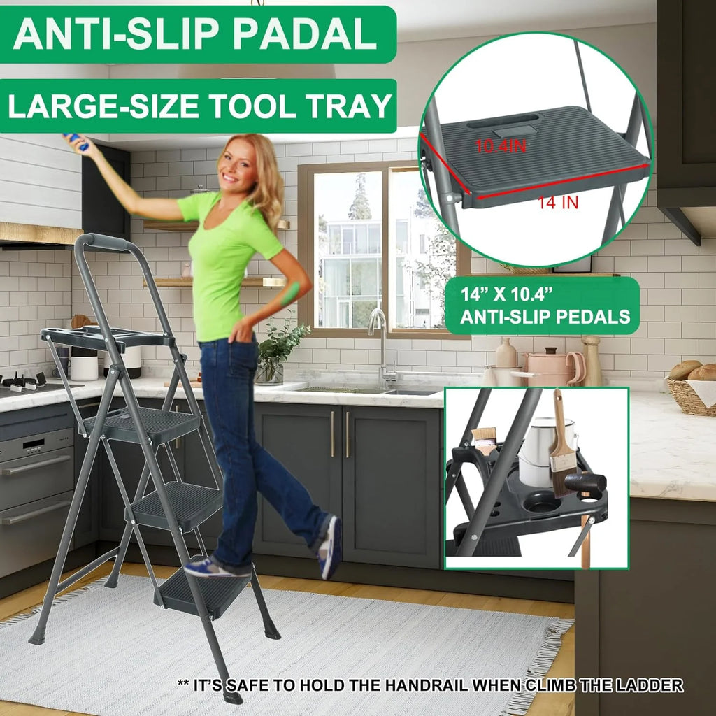 Folding Step Stool with Handrails and Tool Tray Platform, 330lbs B808