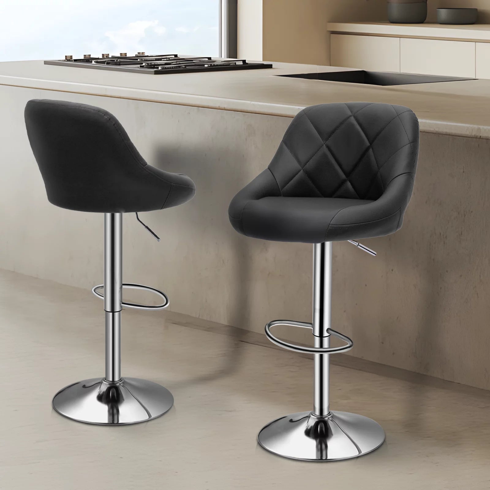Set of 2 Faux Leather Adjustable Black Swivel Bar Stools with Backrest S460608