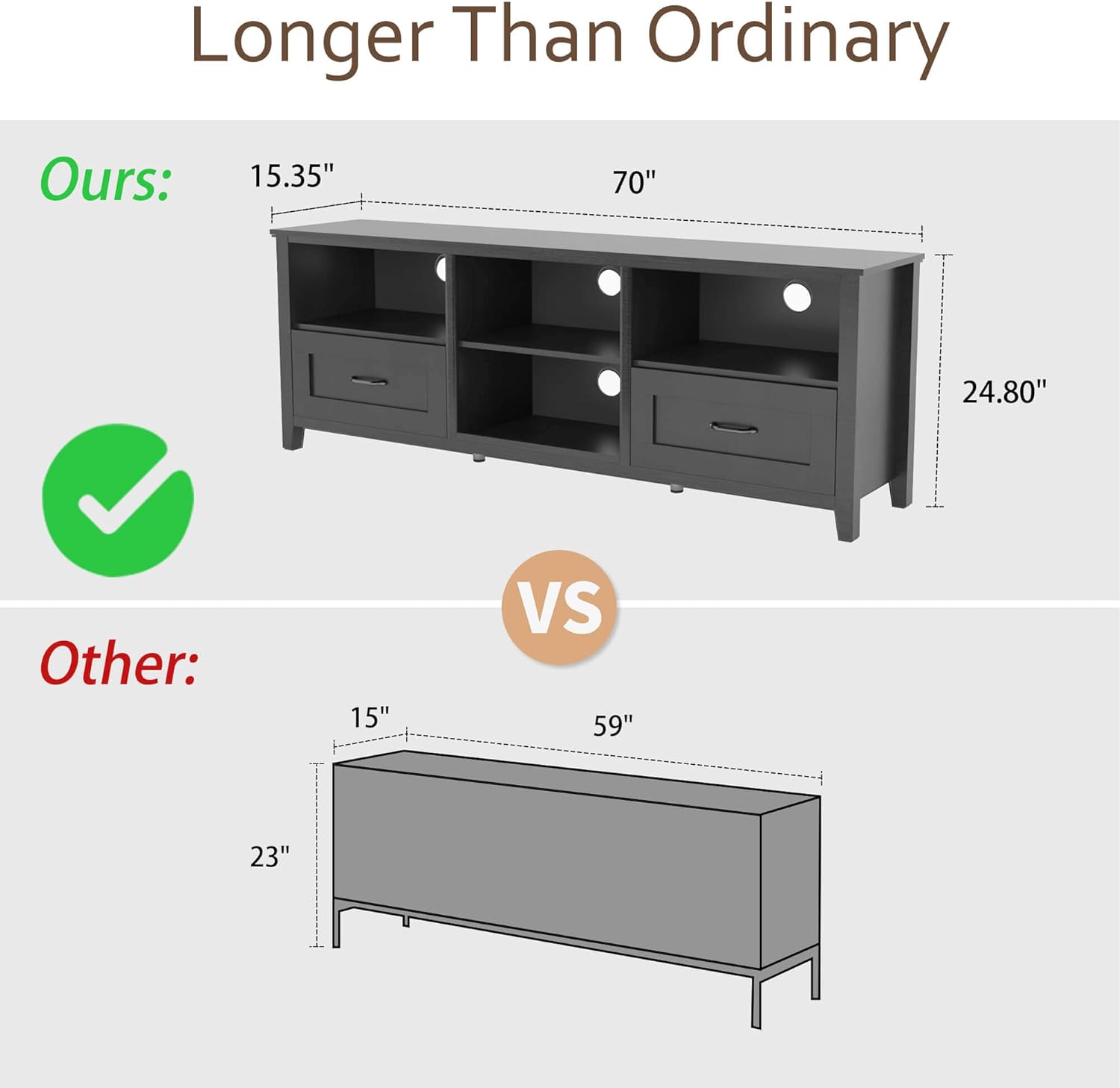 Black 70 inch TV Stand with Drawers Wood Storage Cabinet V7206