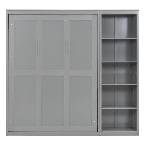 Full Size Murphy Bed with Storage Shelves, Drawers and LED Lights, White T7488