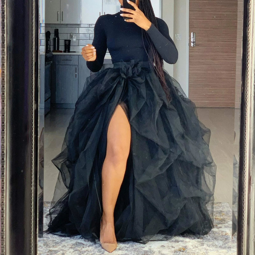 Women Maxi Tulle Tutu Skirt Layered High Waist A-Line Puffy Skirt with Slit U5864