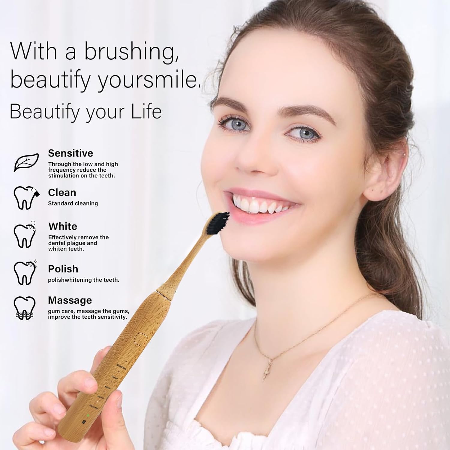 Bamboo Electric Toothbrush 5 Cleaning Modes Sonic Toothbrush Replacement Heads with Plant-Based Bristle 4 Pack U420782