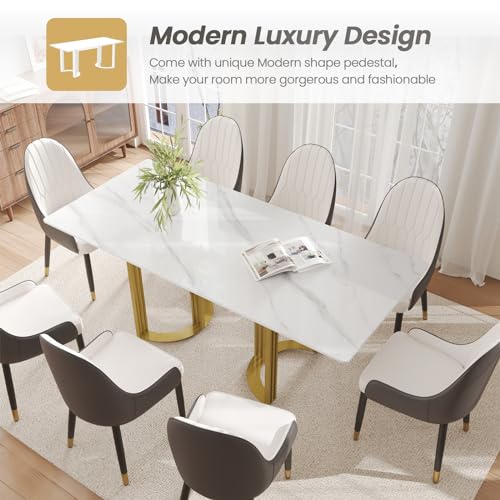 63" White Marble Dining Table with Gold Trestle Pedestal R774533