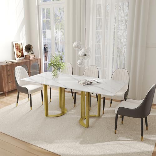 63" White Marble Dining Table with Gold Trestle Pedestal R774533