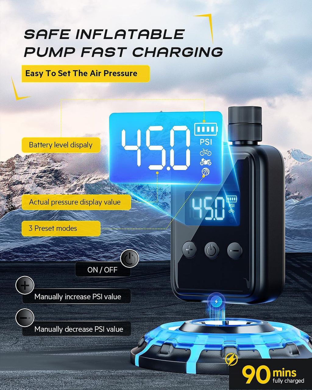 150PSI Portable Bicycle Tire Pump with Pressure Gauge LCD Display R998799