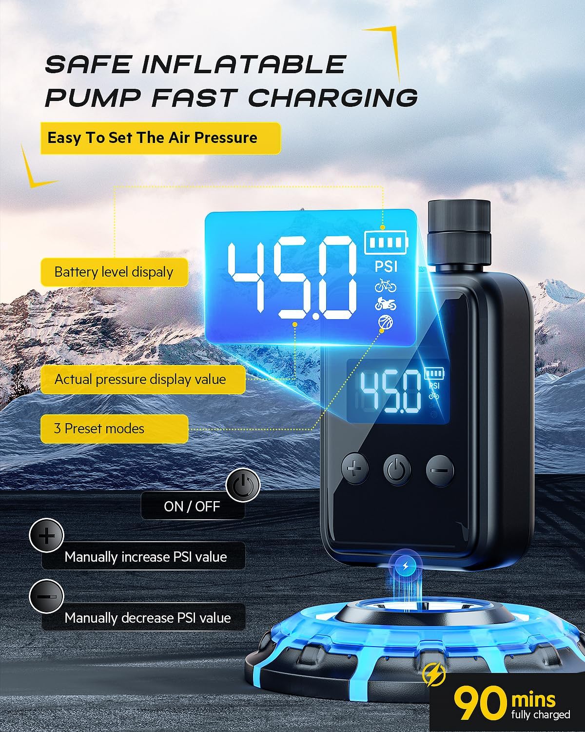 150PSI Portable Bicycle Tire Pump with Pressure Gauge LCD Display R998799