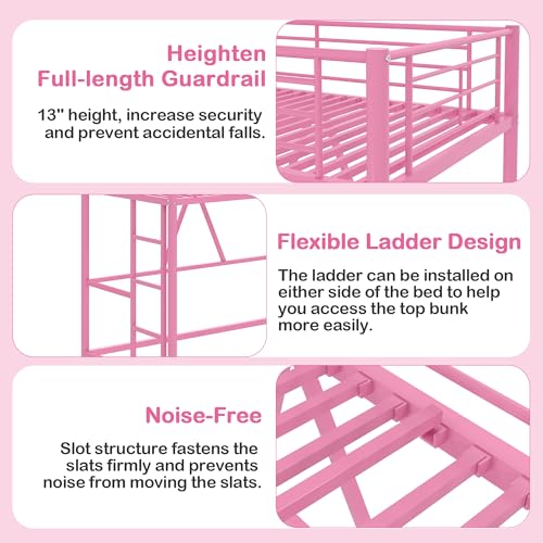 Pink Twin Size Metal Loft Bed with Ladder and Guardrail W43392