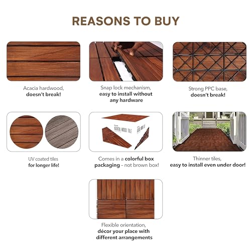 Teak Wood Interlocking Deck Flooring Tiles - 12" x 12" Pack of 10 Q345671