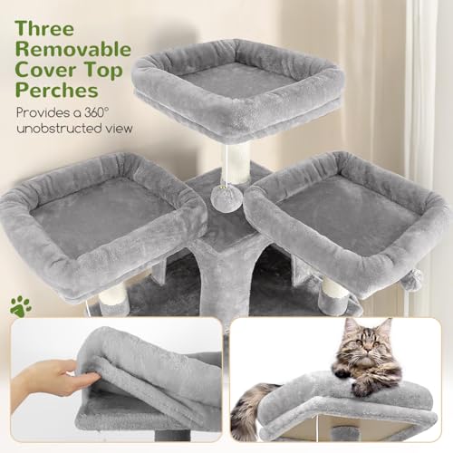 82-inch XXL Tall Cat Tree with Scratching Post, 3 Perches, 2 Condos, 2 Hanging Baskets, Light Grey O3725