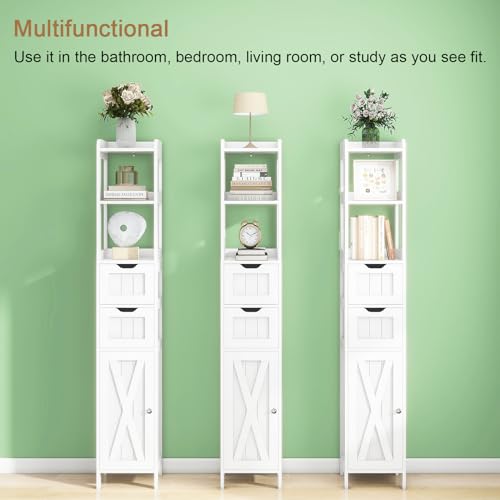 White Freestanding Tall Bathroom Cabinet with Door and Adjustable Shelf and 2 Drawers X41692