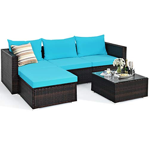 5 Piece Outdoor Patio Furniture Set with Glass Top Coffee Table (Turquoise) S186