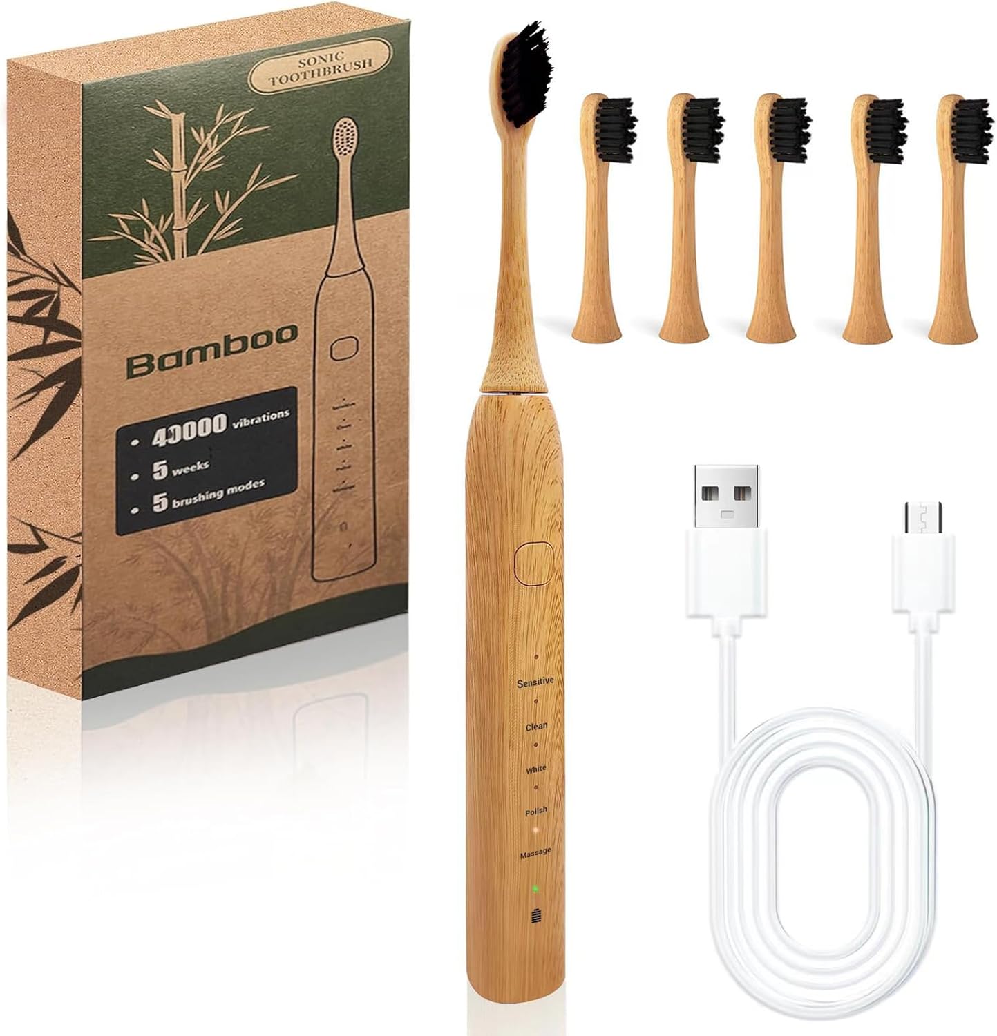 Bamboo Electric Toothbrush 5 Cleaning Modes Sonic Toothbrush Replacement Heads with Plant-Based Bristle 4 Pack U420782