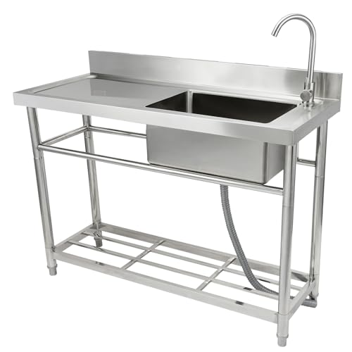 Stainless Steel Utility Sink, 1 Compartment Free Standing Small Sink with Workbench Faucet and Legs, 39.4 x 19.1 x 37.4 in Commercial Single Bowl Sink T22652