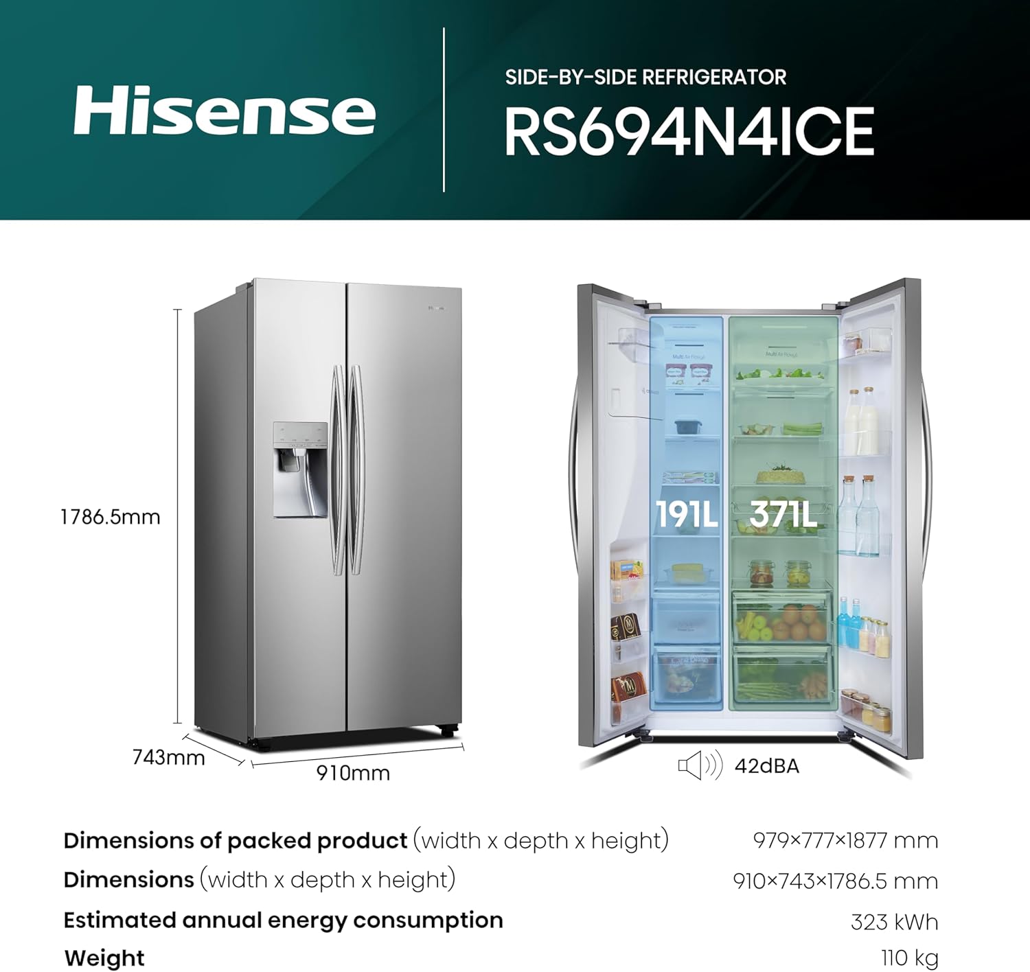 Stainless Steel Freestanding Side-by-Side Fridge Freezer with Water and Ice Dispenser M4168