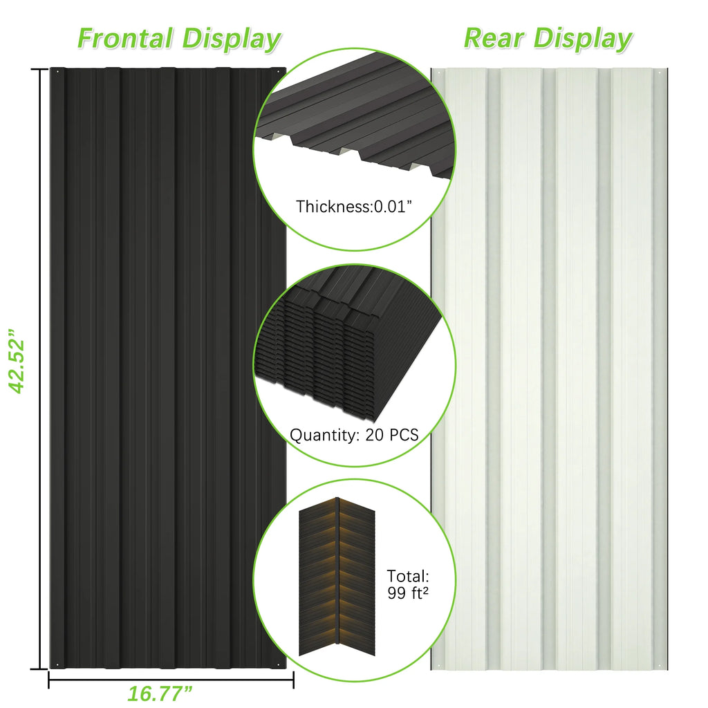 20 Pcs Galvanized Metal Roof Panels Roofing Sheets, Black T833