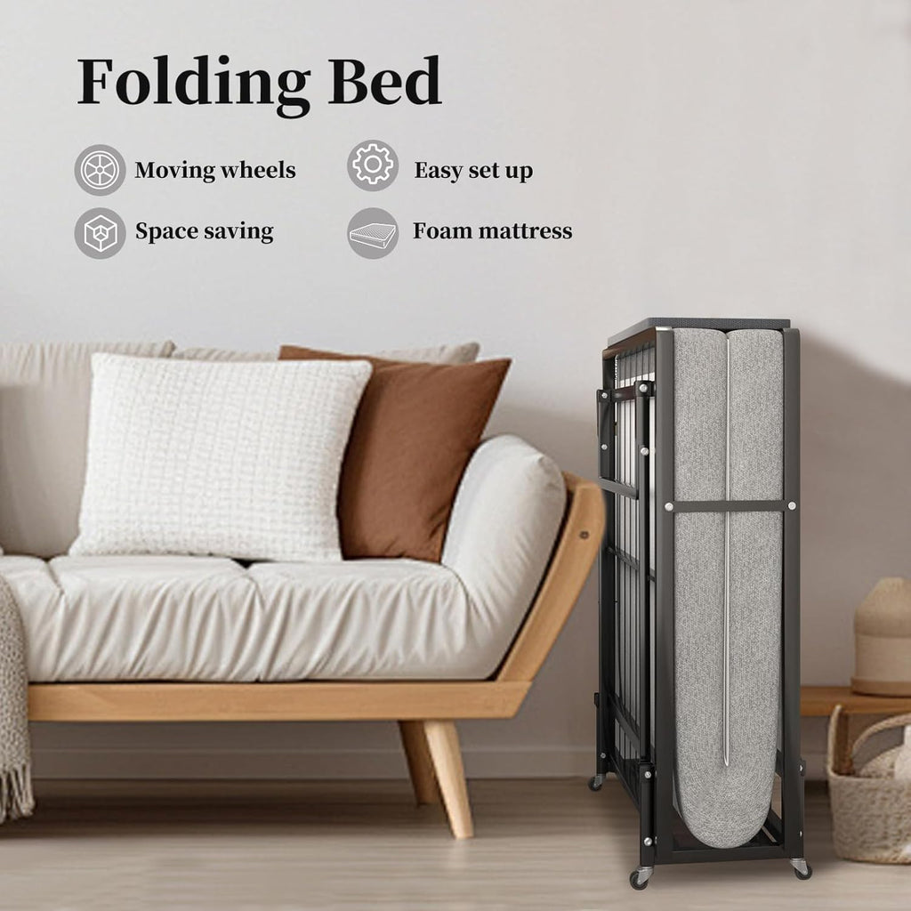 Folding Bed with 4-Inch Mattress, Metal Cot Size Rollaway Bed on Wheels G28732