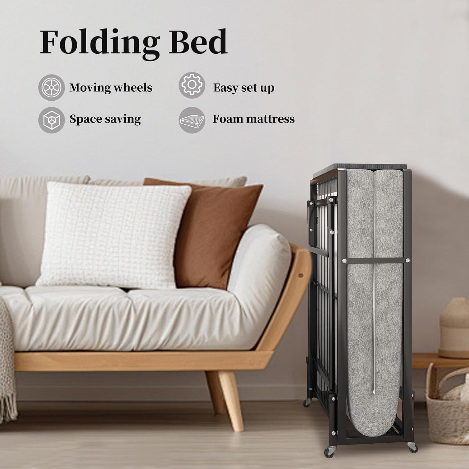 Folding Bed with 4-Inch Mattress, Metal Cot Size Rollaway Bed on Wheels G28732