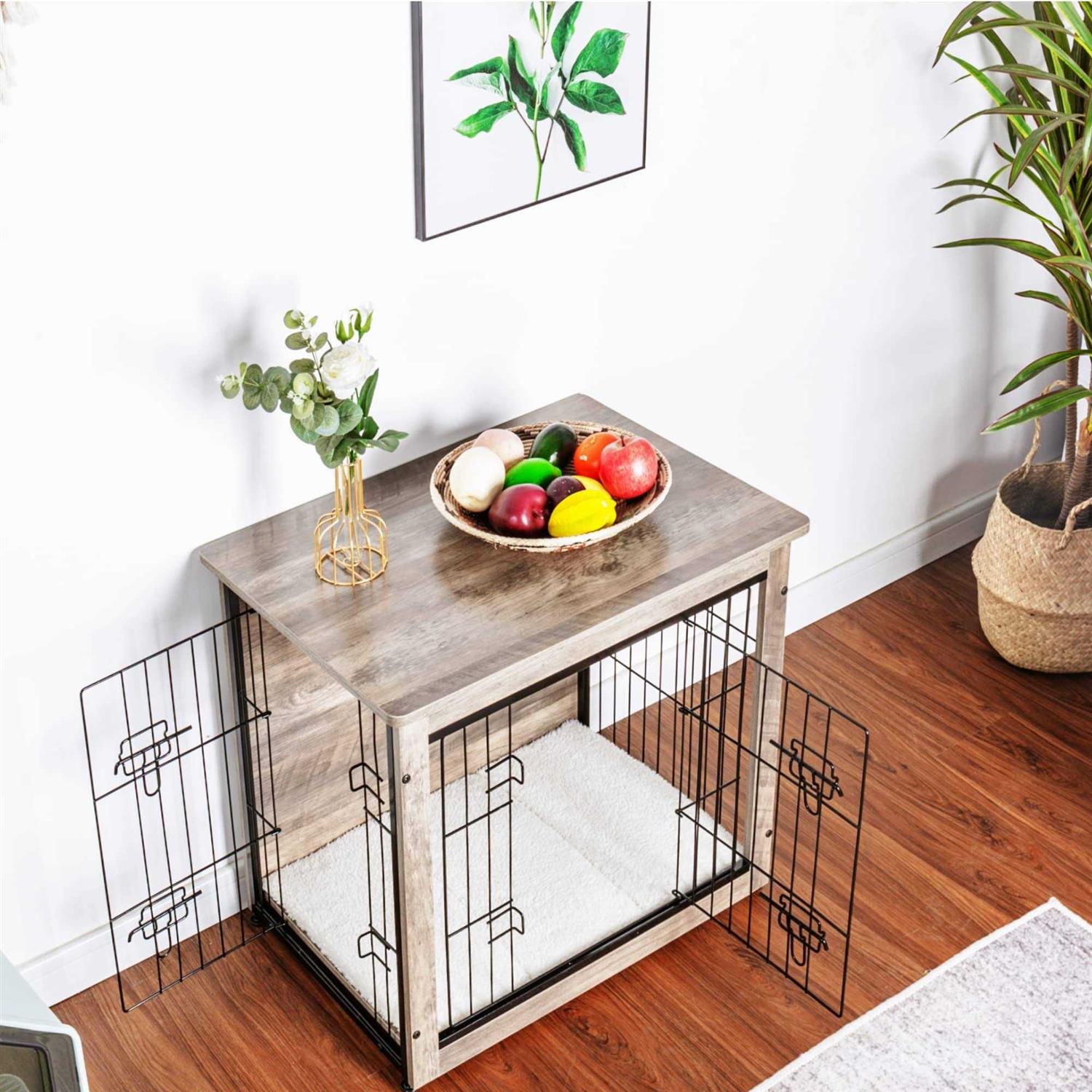 Dog Crate Furniture with Cushion Wooden Dog Crate with Double Doors O60084
