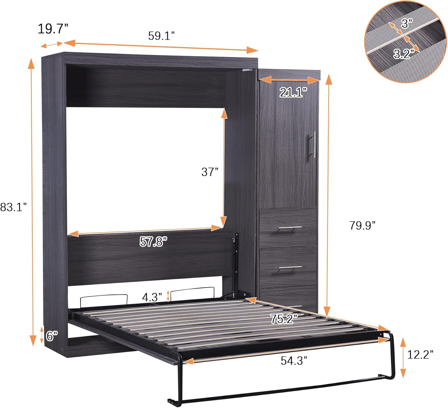 Full Size Wood Murphy Bed with Wardrobe and Drawers F173