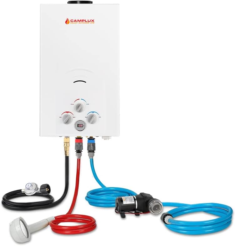 Camplux Propane Portable Tankless Water Heater Outdoor 2.64 GPM Instant Hot Camping Showers with 3.3 GPM Water Pump & Pipe Strainer K456