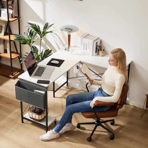 Black L Shaped Computer Desk with Wooden Desktop CPU Stand Side Bag G419799