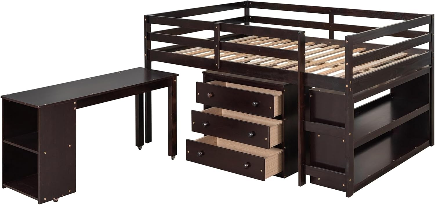 Full Size Low Loft Bed Wood with Storage Cabinet Desk Brown F32576