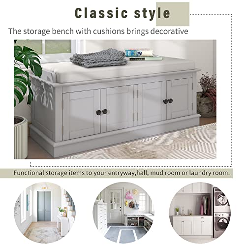 White 4 Door Storage Bench with Adjustable Shelves and Removable Seat Cushion P594434