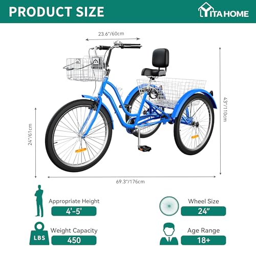 24 & 26 Inch 3-Wheel Adult Tricycle with Front and Rear Baskets D15673