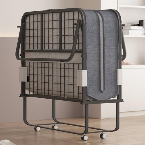 Folding Bed with 5 Inch Memory Foam Mattress, Single Rollaway Bed with Lockable Wheels I778
