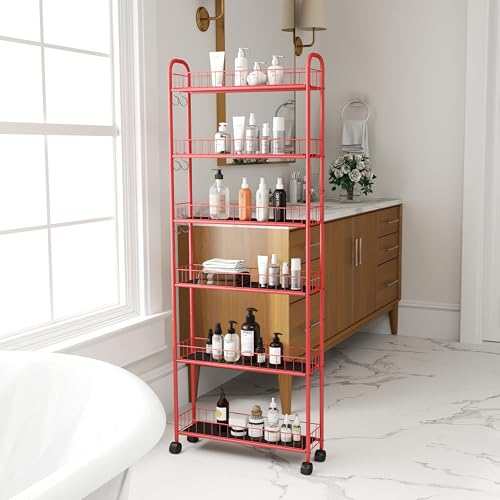 Red 6-Tier Wire Rolling Storage Cart with Wheels J489983