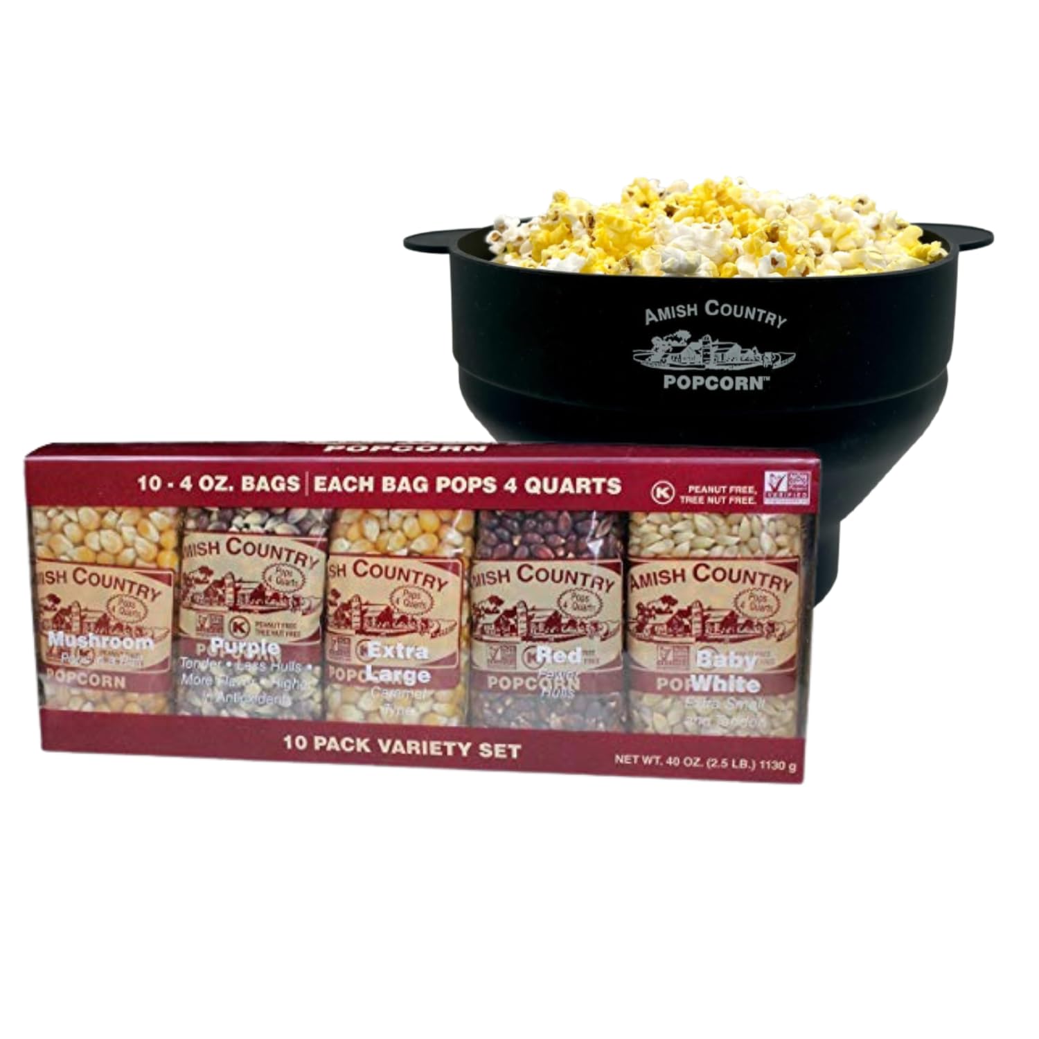4 Ounce Variety Kernel Gift Set (10 Pack Assorted) and Black Silicone Popcorn Popper Bundle N298681
