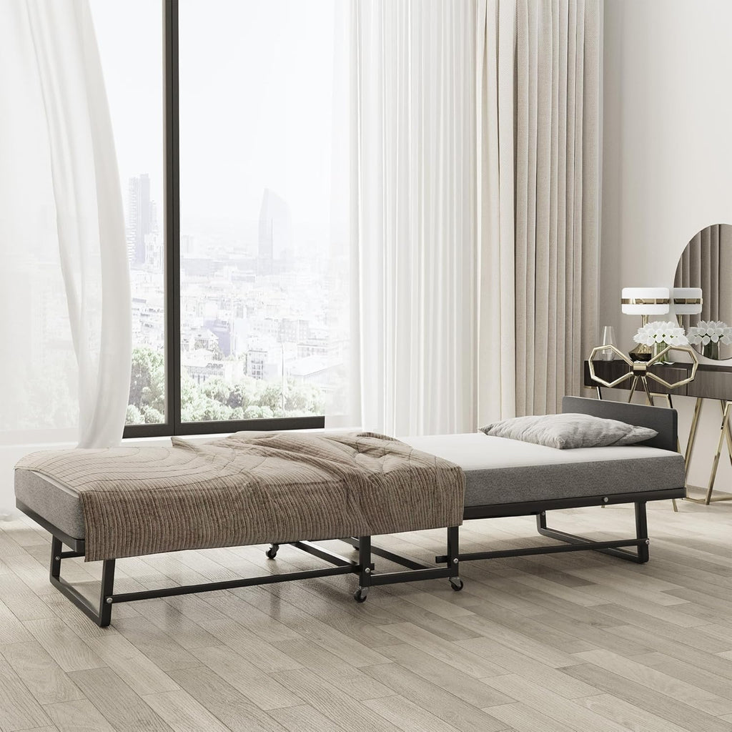 Folding Bed with 4-Inch Mattress, Metal Cot Size Rollaway Bed on Wheels G28732