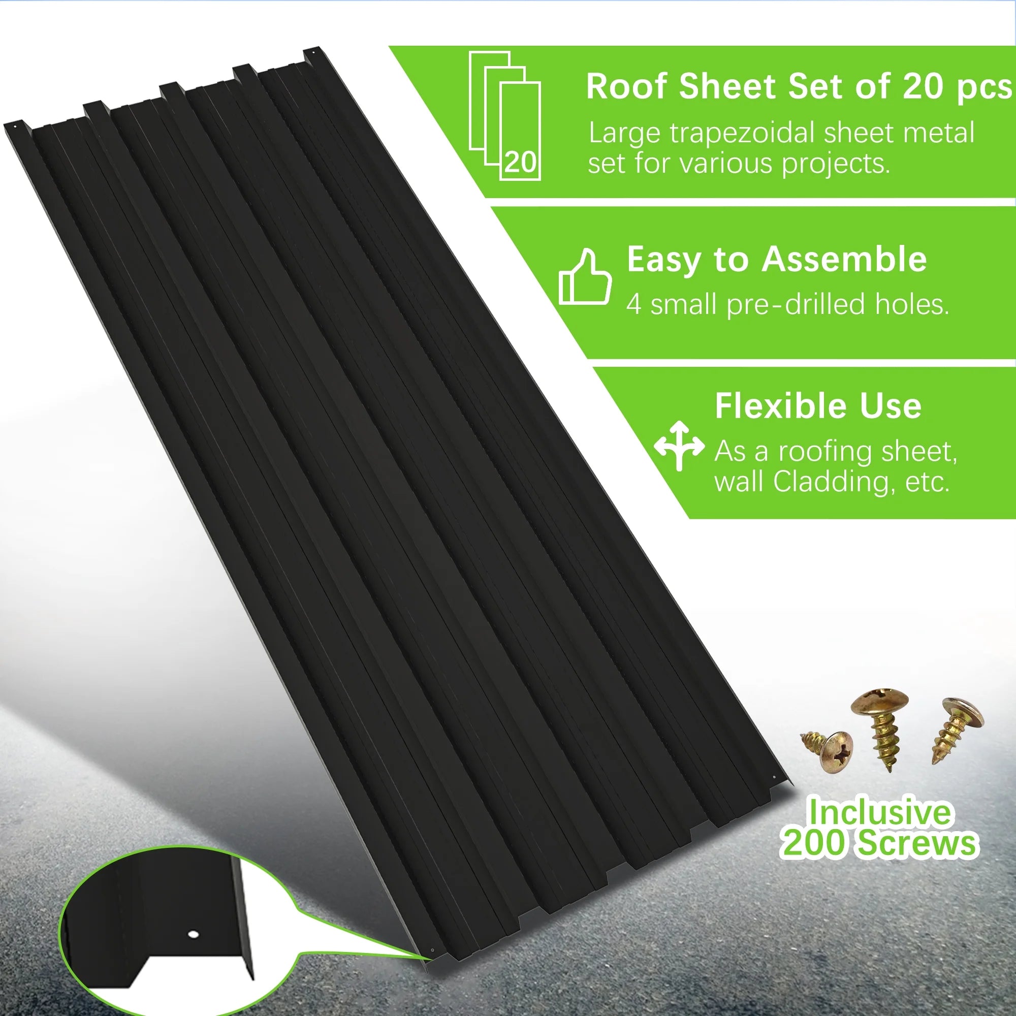 20 Pcs Galvanized Metal Roof Panels Roofing Sheets, Black T833