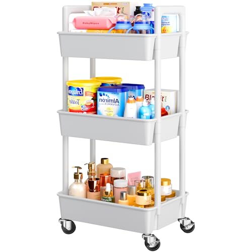 White 3 Tier Plastic Rolling Cart with Lockable Wheels E928
