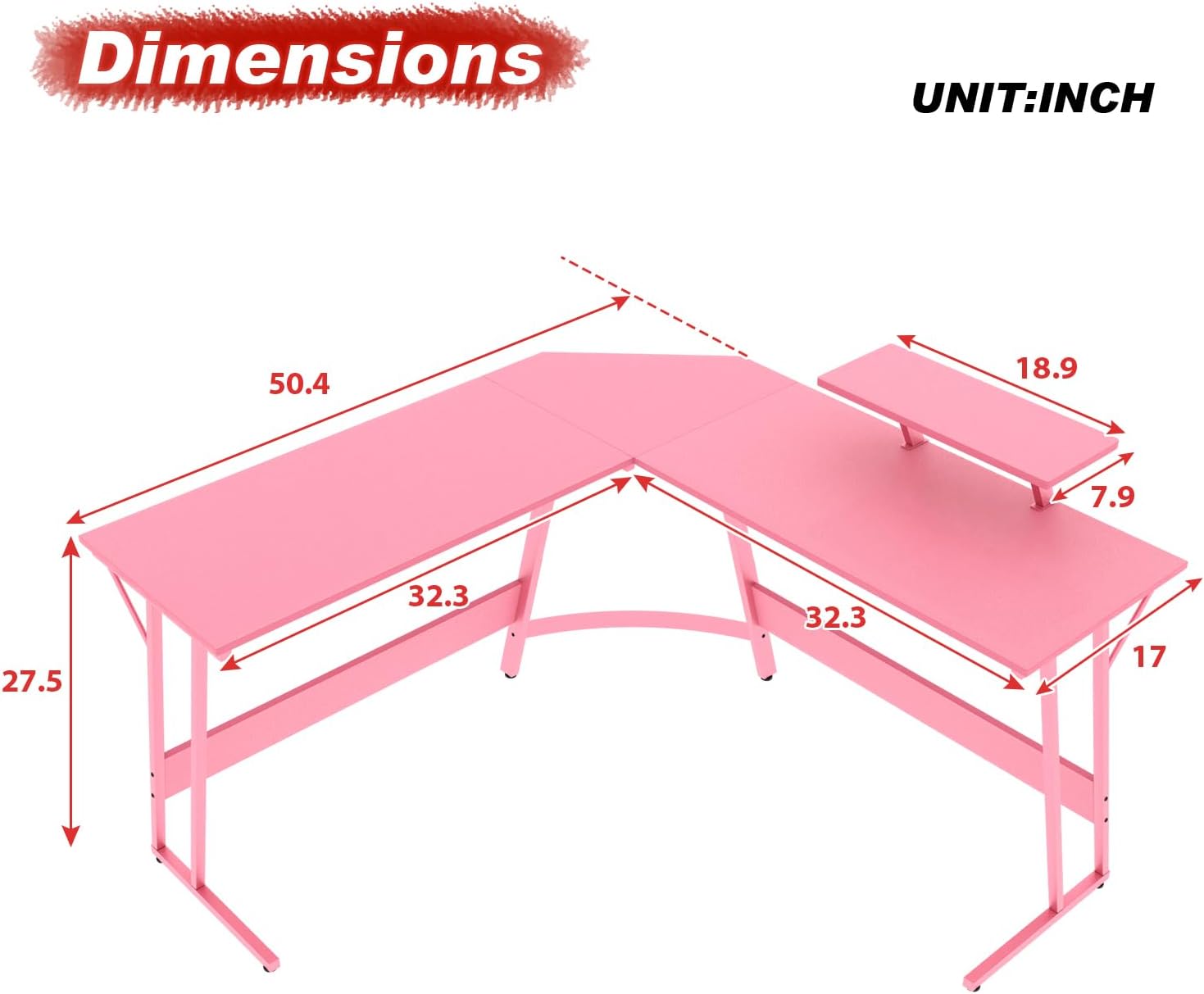 Pink 50.4 Inch L Shaped Corner Computer Desk with Monitor Stand I220535