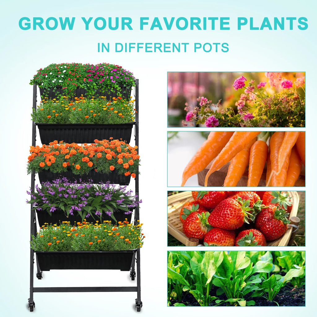 Raised Garden Bed Vertical Garden Freestanding Elevated Planters 5 Container Boxes with Wheels X264