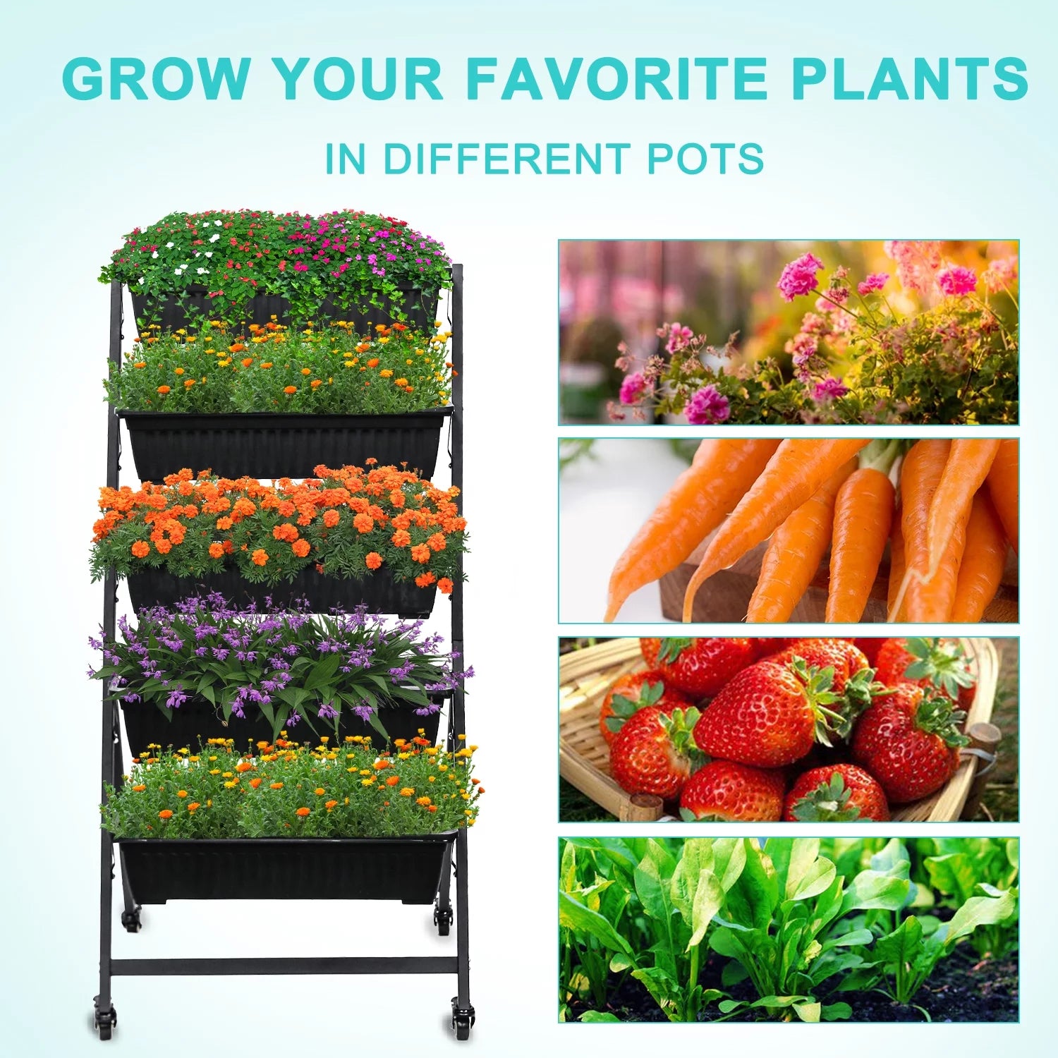 Raised Garden Bed Vertical Garden Freestanding Elevated Planters 5 Container Boxes with Wheels X264