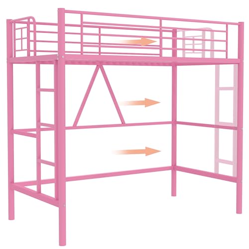 Pink Twin Size Metal Loft Bed with Ladder and Guardrail W43392
